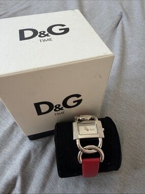 D&G Silver-Tone Rectangular Watch with Red Leather Strap